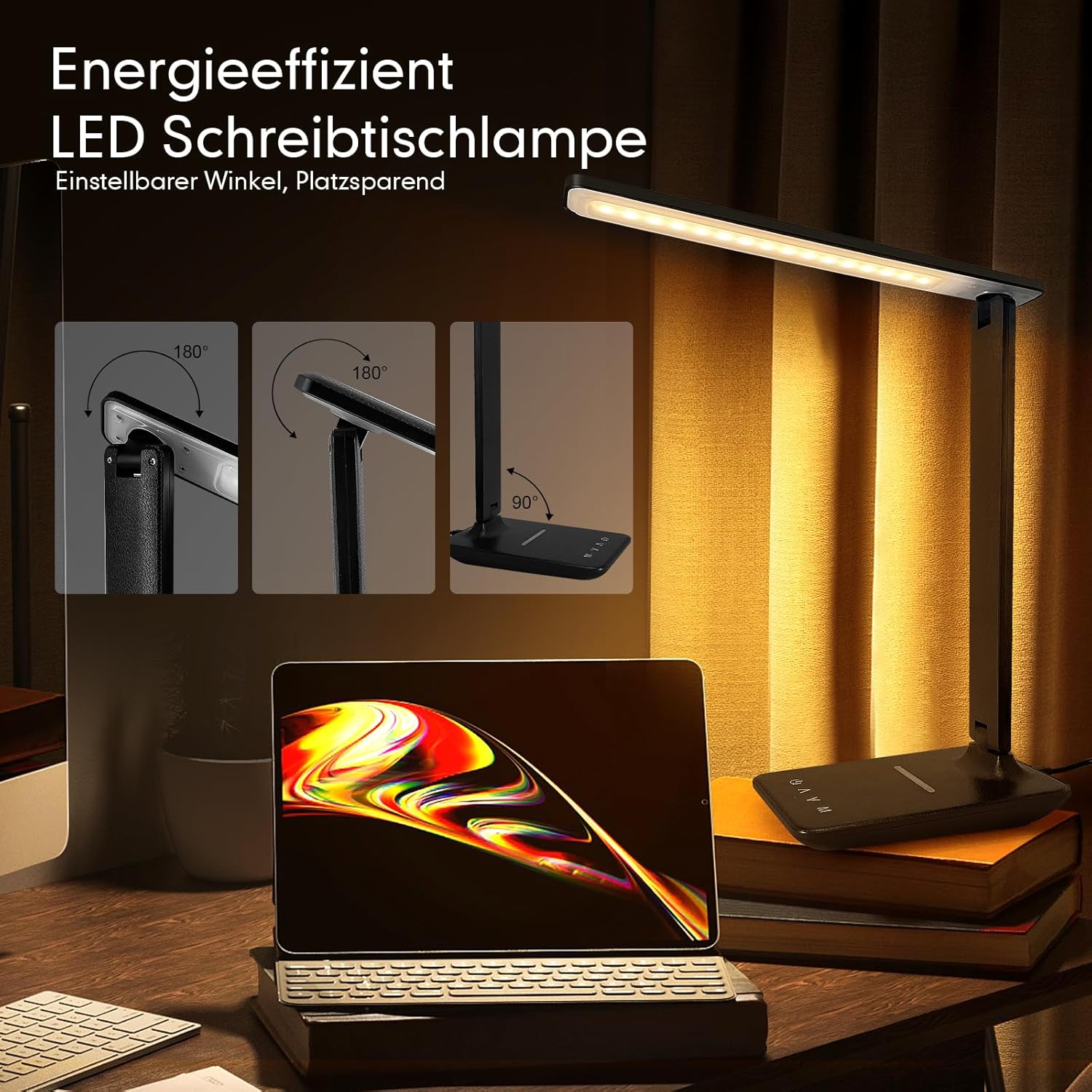 Thumbnail 6 de Jumoking Schreibtischlampe LED Dimmbar Augenschutz – 5 Farbmodi, 5 Helligkeitsstufen, USB Ladefunktion, Touchsteuerung (Black Pro)