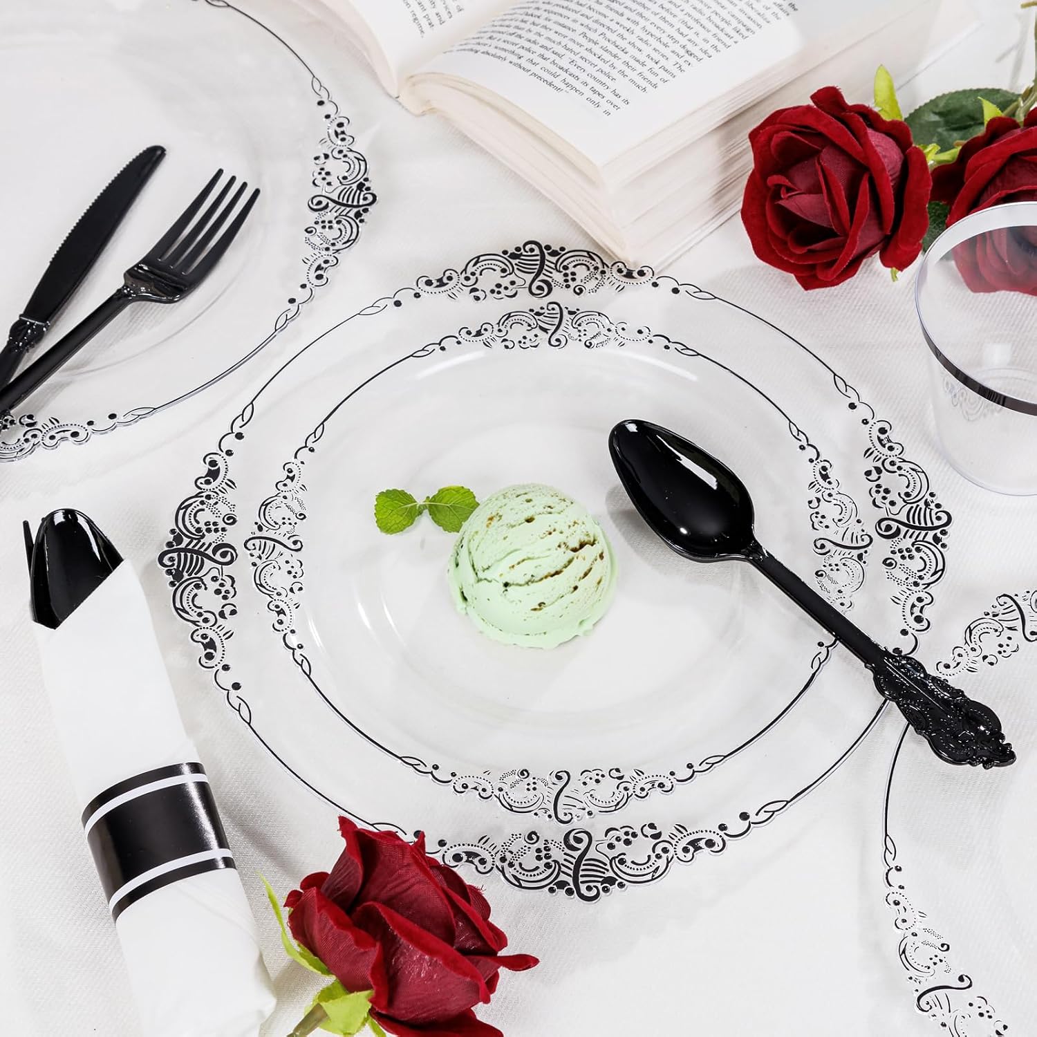 Detalle de Hioasis 350pcs Clear and Black Plates — Black Baroque Party Set for 50 Guests