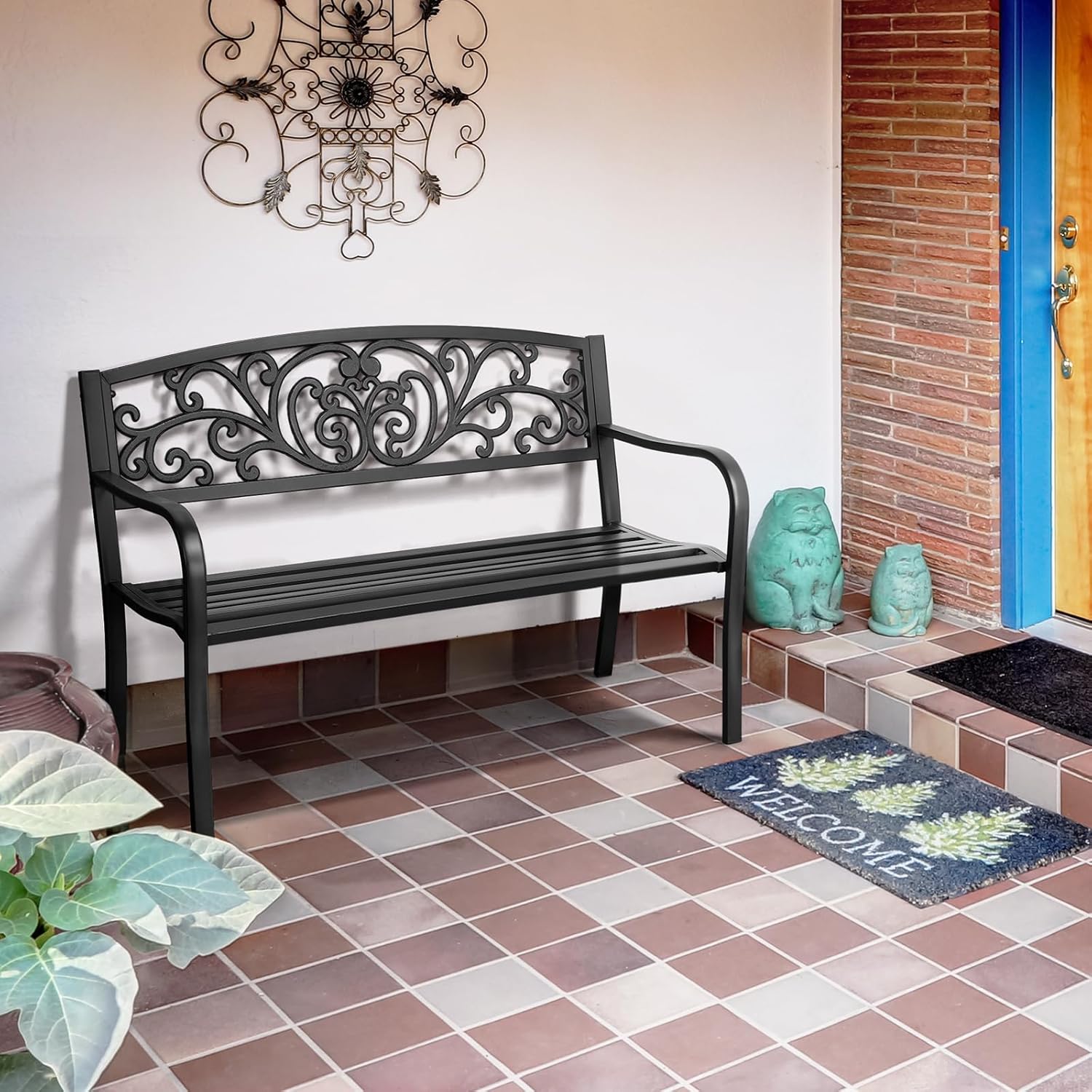 Thumbnail 1 de Yaheetech Panca da Giardino in Metallo Vintage con Schienale Decorato (127 x 63 x 86,5 cm) - Nero