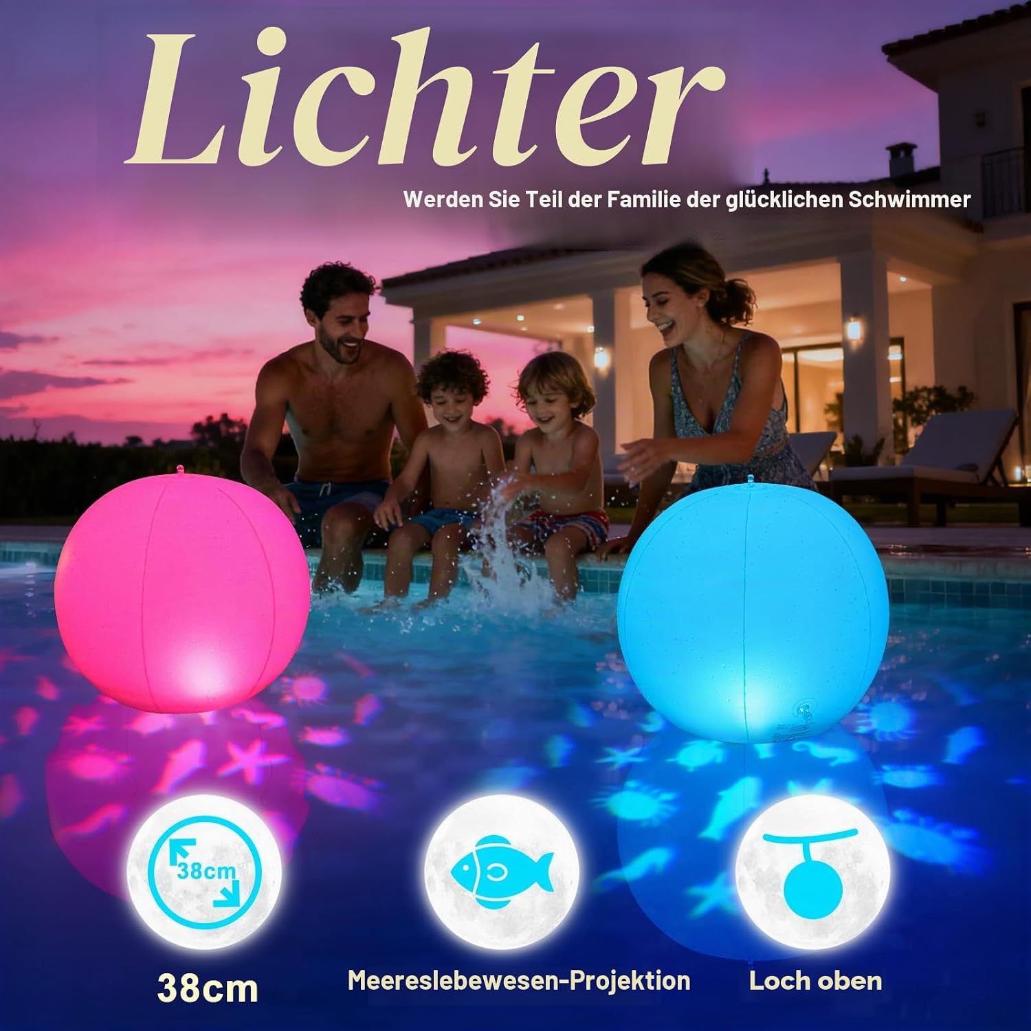 Detalle de Luxfero Schwimmende Solar-Poolbeleuchtung – aufblasbare Leuchtkugel, IP68, 2er-Set