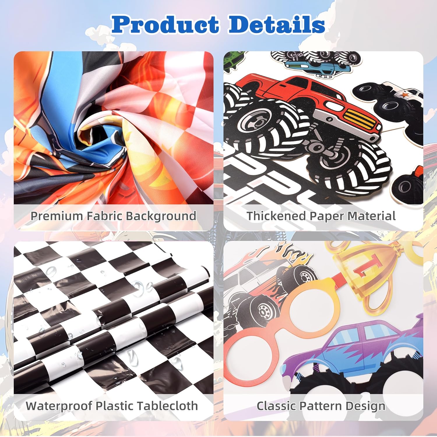 Thumbnail 2 de 140Pcs Monster Truck Birthday Decorations Kit with Backdrop and Checkered Tablecloth