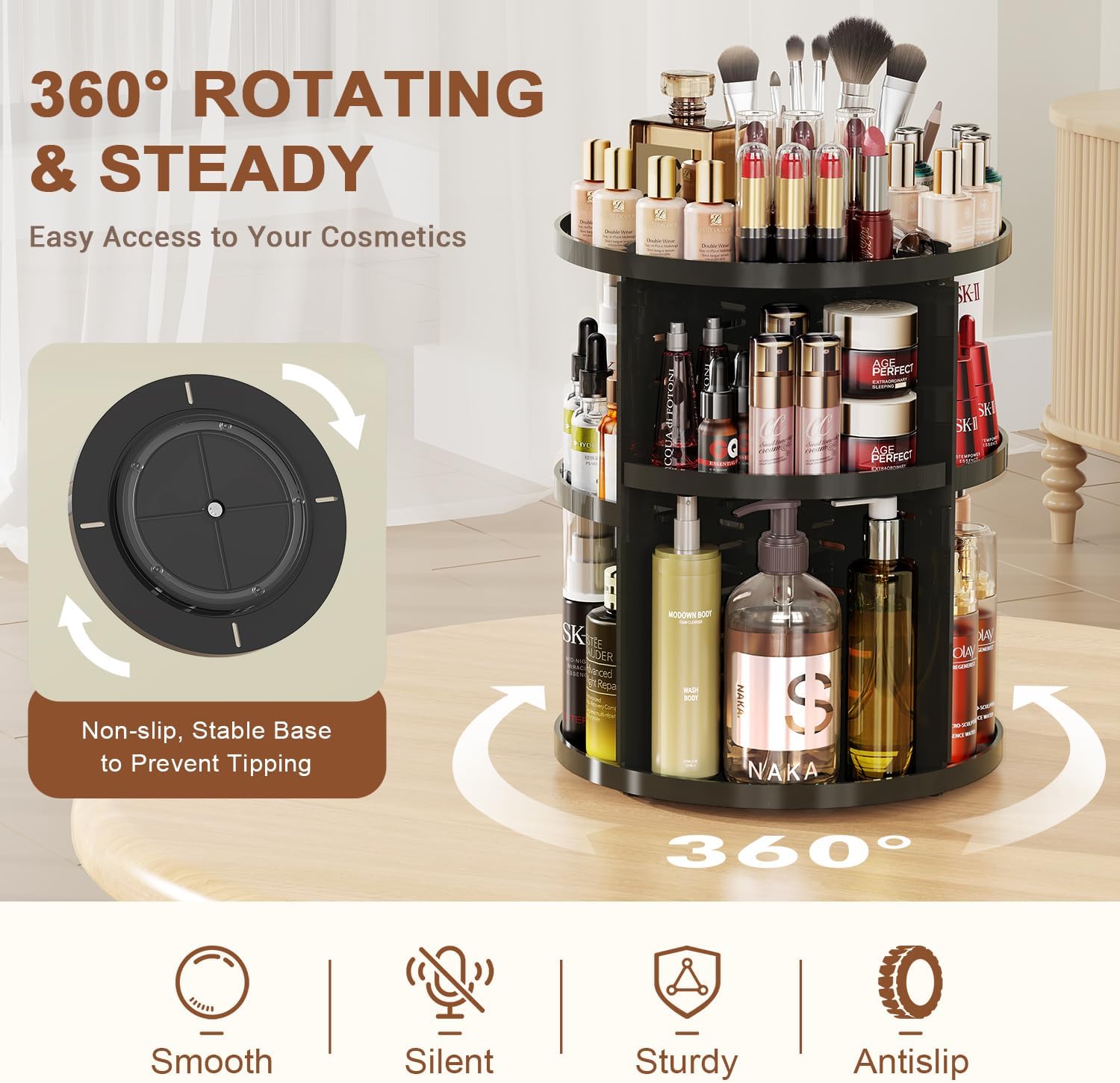 Detalle de Auxmir Make Up Organizer mit 9 einstellbaren Stufen – 360° Drehbar, Extra Groß, schwarz