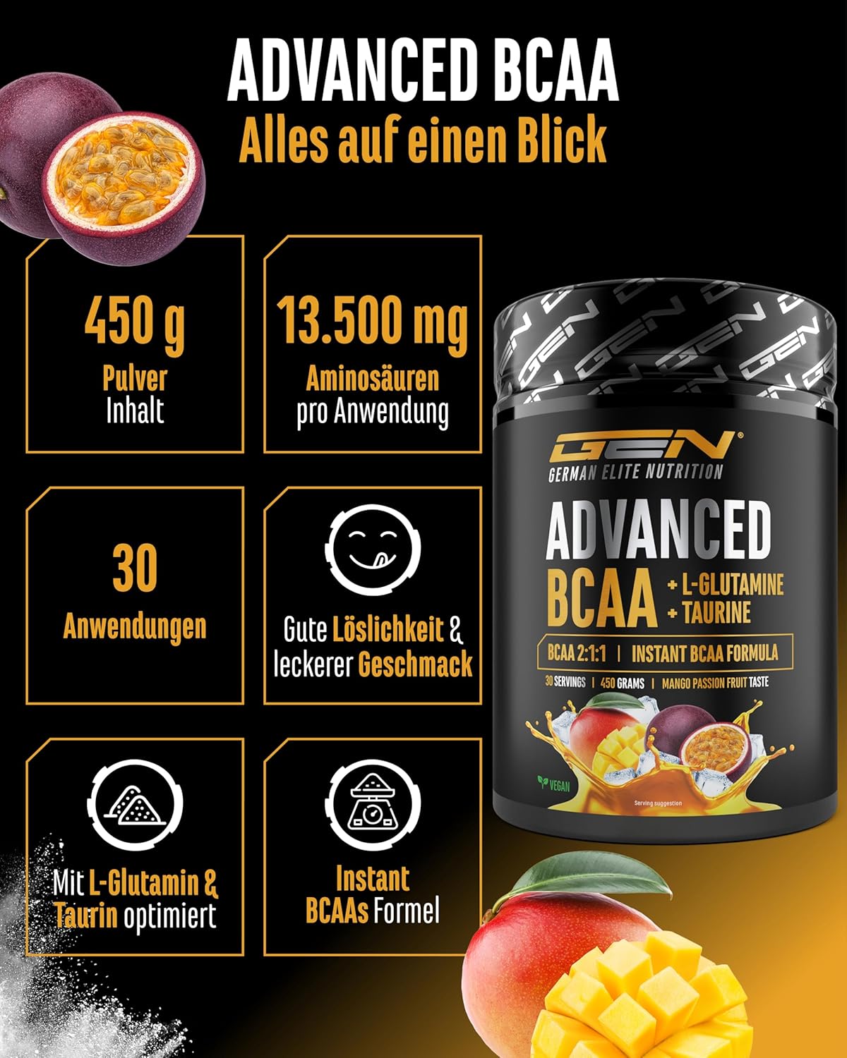 Thumbnail 1 de Advanced BCAA Pulver 450 g – 2:1:1 Aminosäuren mit L-Glutamin & Taurin, vegan, instant & lecker (Mango Passionsfrucht)
