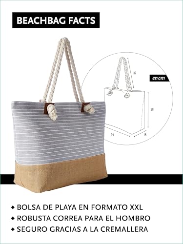 Detalle de DonDon Grande Bolsa de playa repelente al agua con cremallera a rayas gris