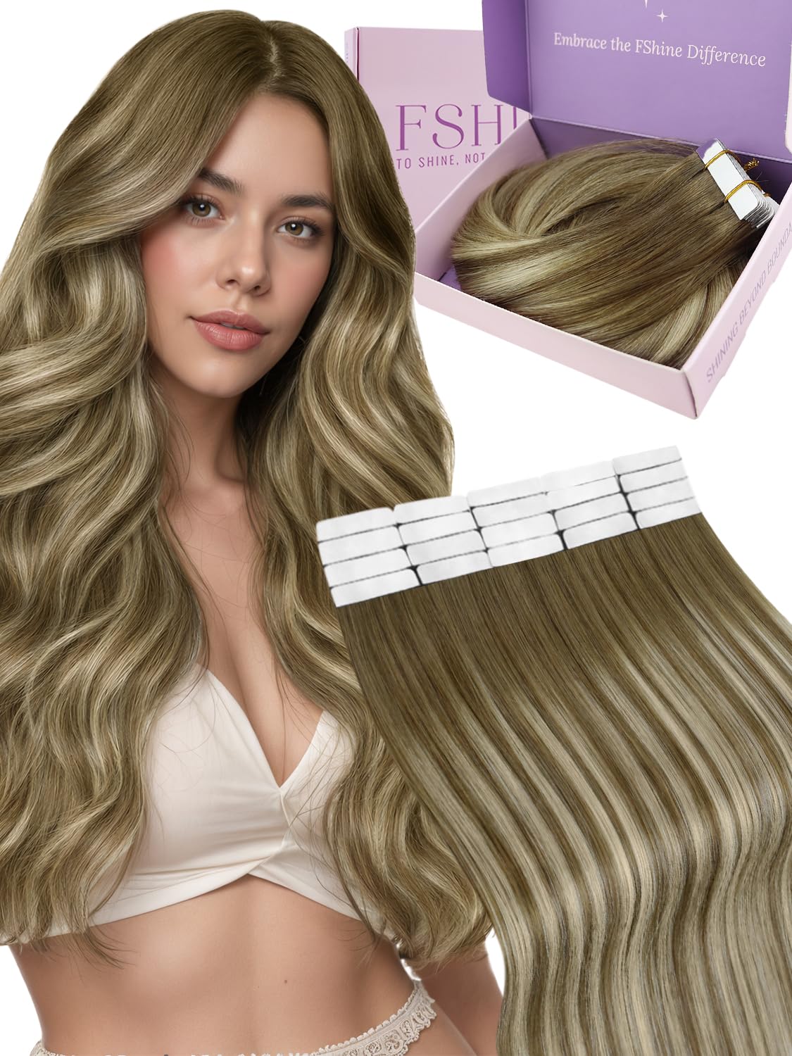 Detalle de Fshine Invisible Tape-In Extensions Echthaar 50 cm | 20 Stücke, Wärmebalayage, Mittelbraun bis Platinblond