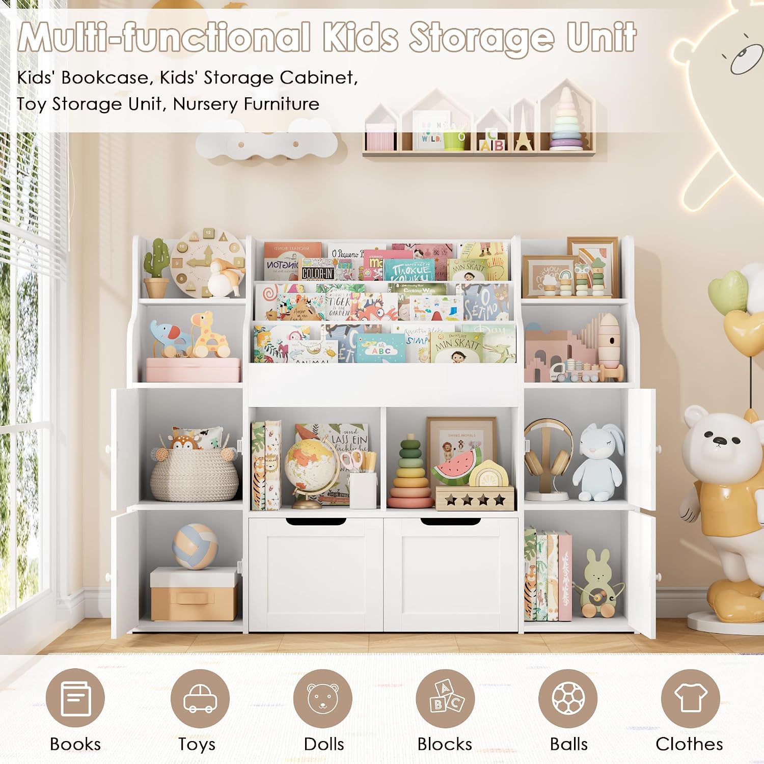 Detalle de FOREHILL P392 Kids Storage Unit, 3-Tier Bookshelf, 4 Doors, 6 Open Shelves
