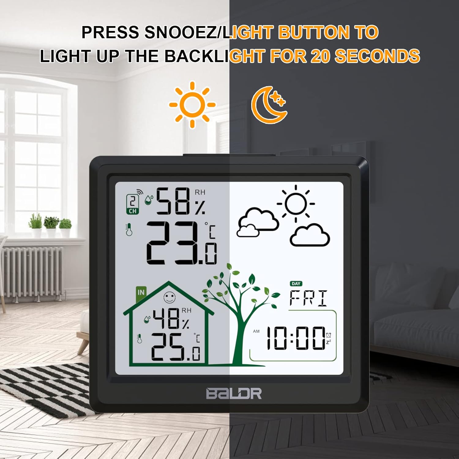 Detalle 2 de LEVIPE Stazione Meteorologica wireless con sensore esterno – schermo 4,9'', sveglia e previsioni del tempo