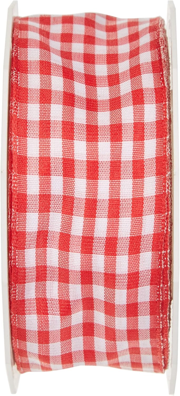 Detalle de PRÄSENT Vichy Geschenkband rot/weiß – 40 mm, 20 m, kariertes Deko-Band aus Deutschland