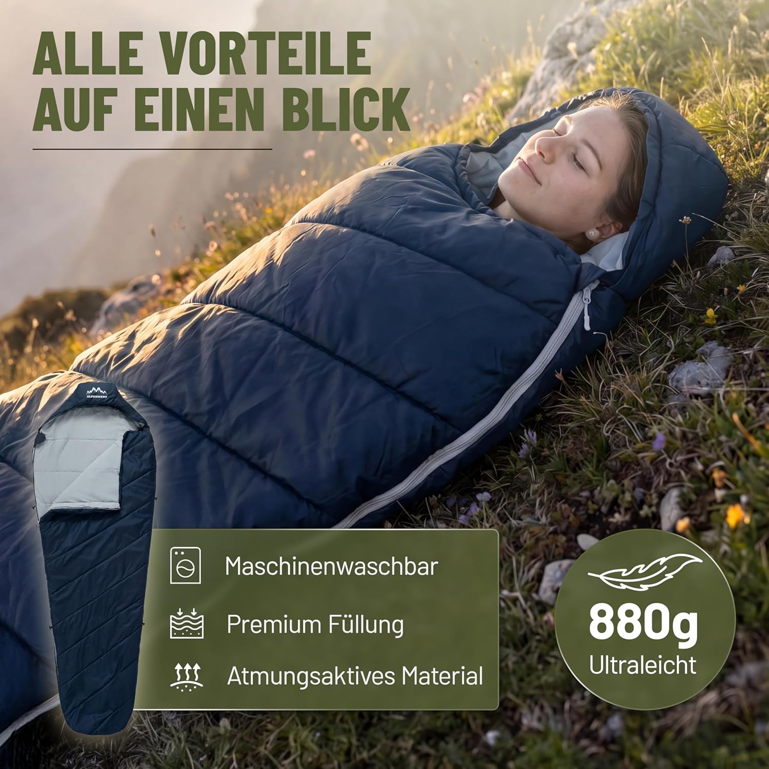 Detalle 2 de ALPENWERT Schlafsack Sommer Ultraleicht & klein – kompakt, wasserabweisend und komfortabel für Camping