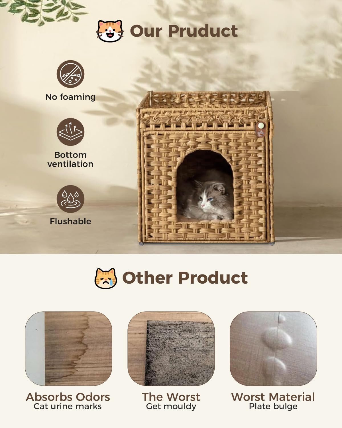 Detalle 2 de Klippehop Katzenhaus Katzenschrank für Katzentoilette – verstecktes Rattan-Möbelstück mit Katzentoilette Matte (Natur, Basic Model)