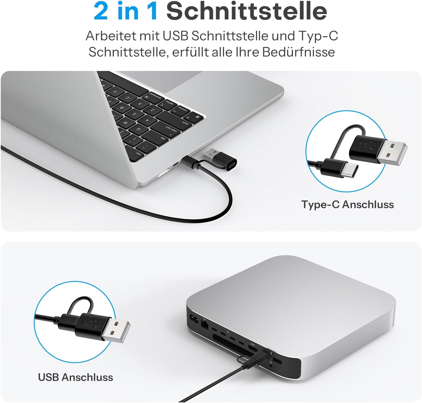 Detalle 2 de OMOTON kabelgebundene Mac-Tastatur mit Dualanschluss (Type-C/USB) QWERTZ, flüsterleise Tasten, grau