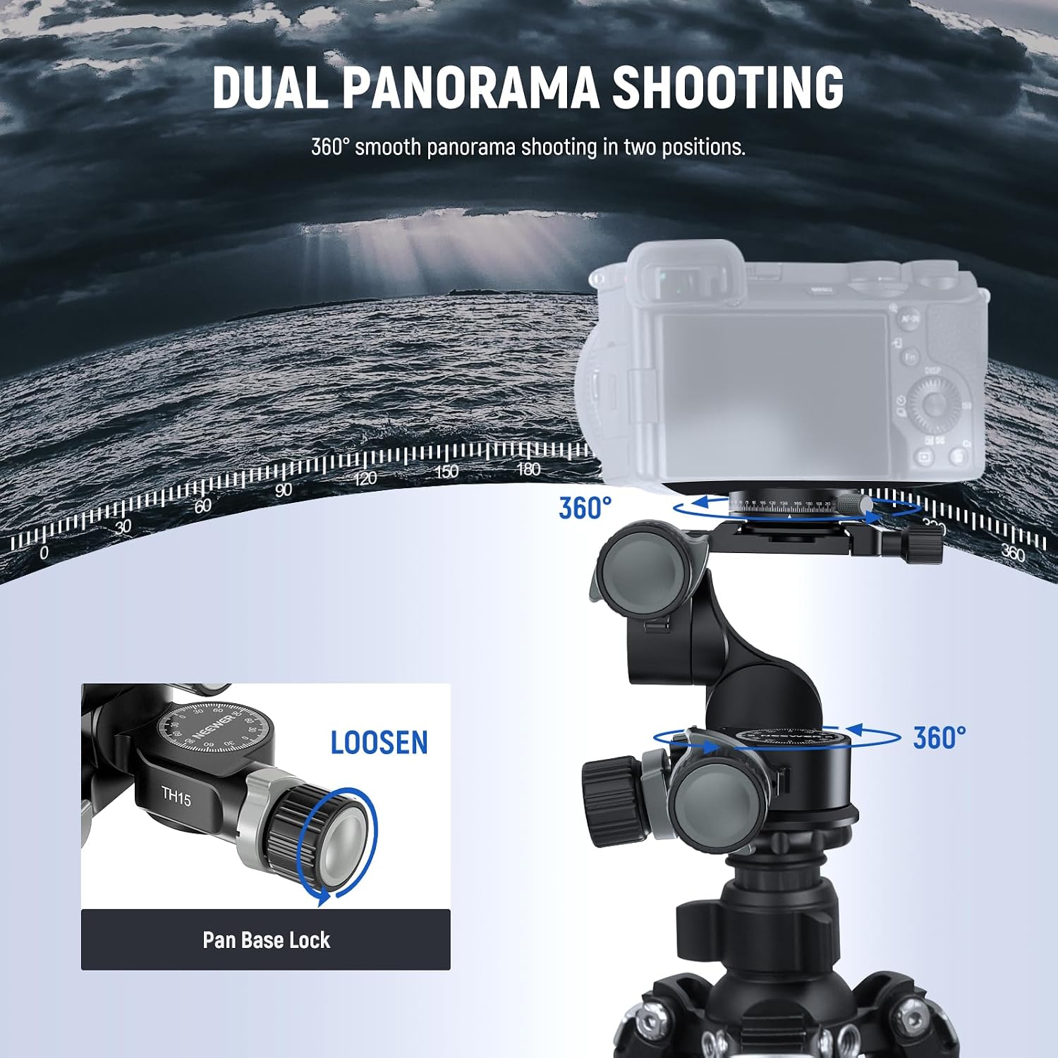 Thumbnail 4 de NEEWER TH15 3-Way Geared Tripod Head with Gears – 3-Axis Pan Tilt in Aluminium