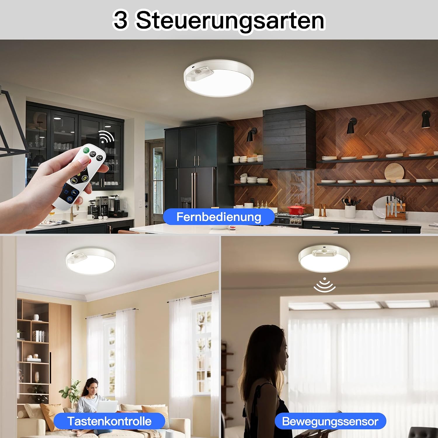 Detalle 2 de Homelist LED Akku Deckenleuchte mit Bewegungsmelder, 8.000 mAh und Fernbedienung – dimmbar für Bad, Flur & Keller