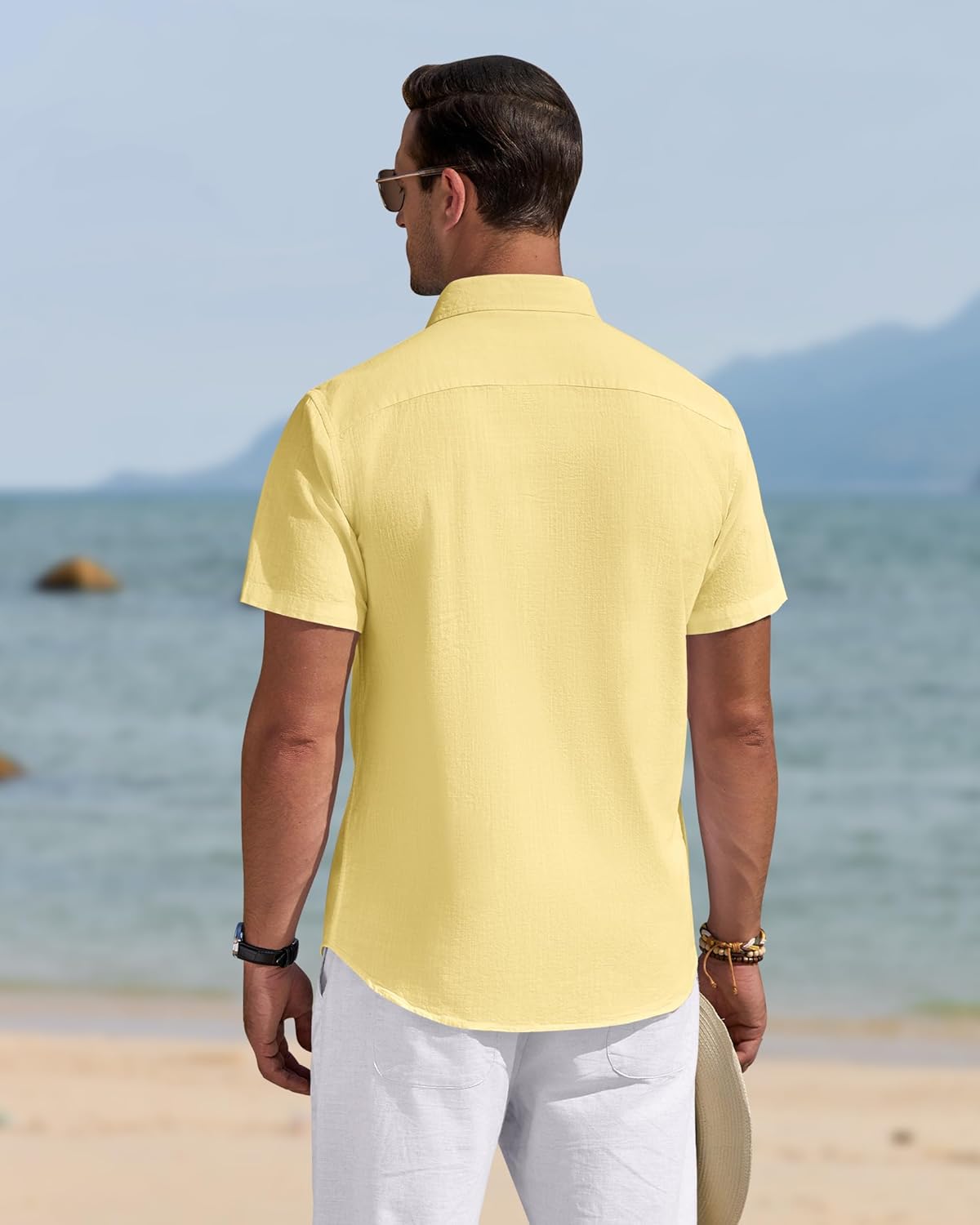Detalle 2 de J.VER Men's Linen Short Sleeve Shirt with Chest Pocket – Lightweight Cotton Casual Button-Down