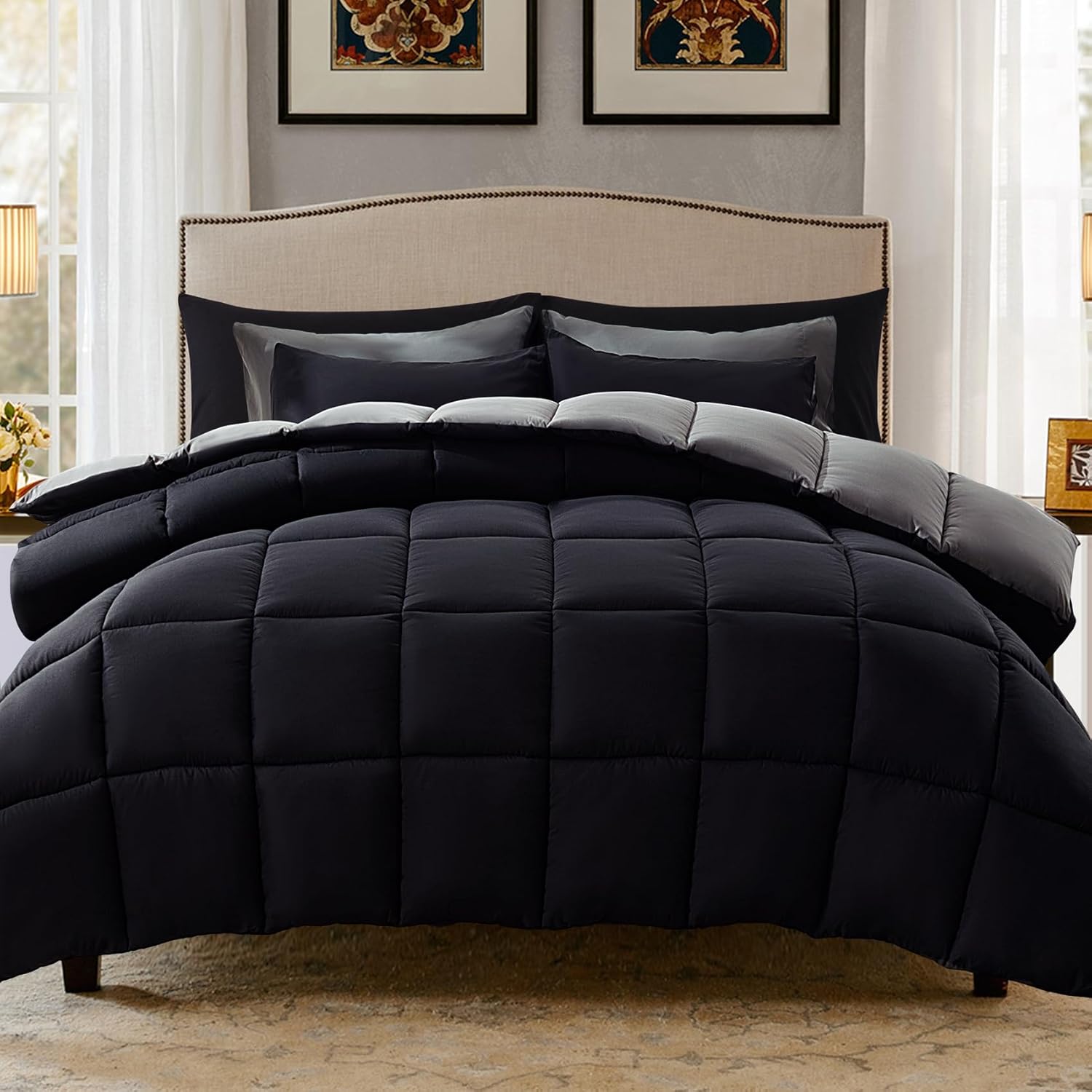 Detalle de Decroom D-LDACSET-BLACKG-K King Comforter Set, Reversible Black/Grey, Quilted