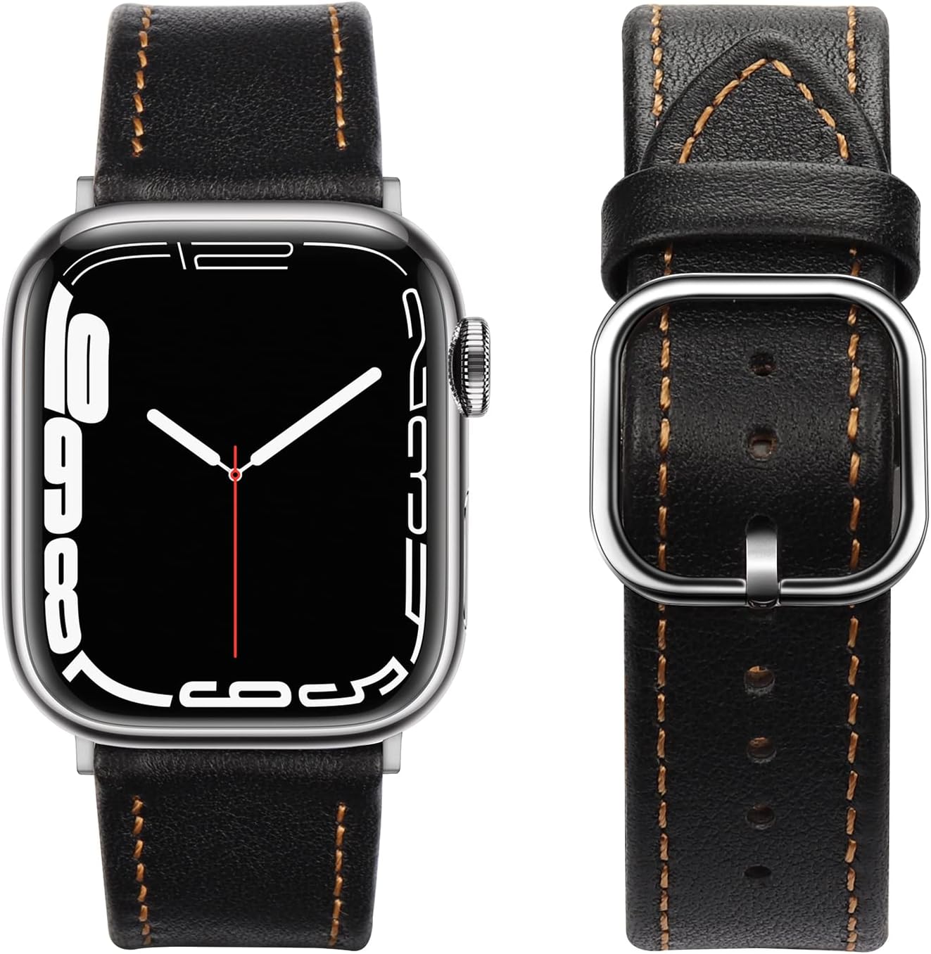 Detalle de Tasikar Leather Watch Strap for Apple Watch (49mm/45mm/44mm/42mm/41mm/40mm/38mm) with Square Buckle – Black