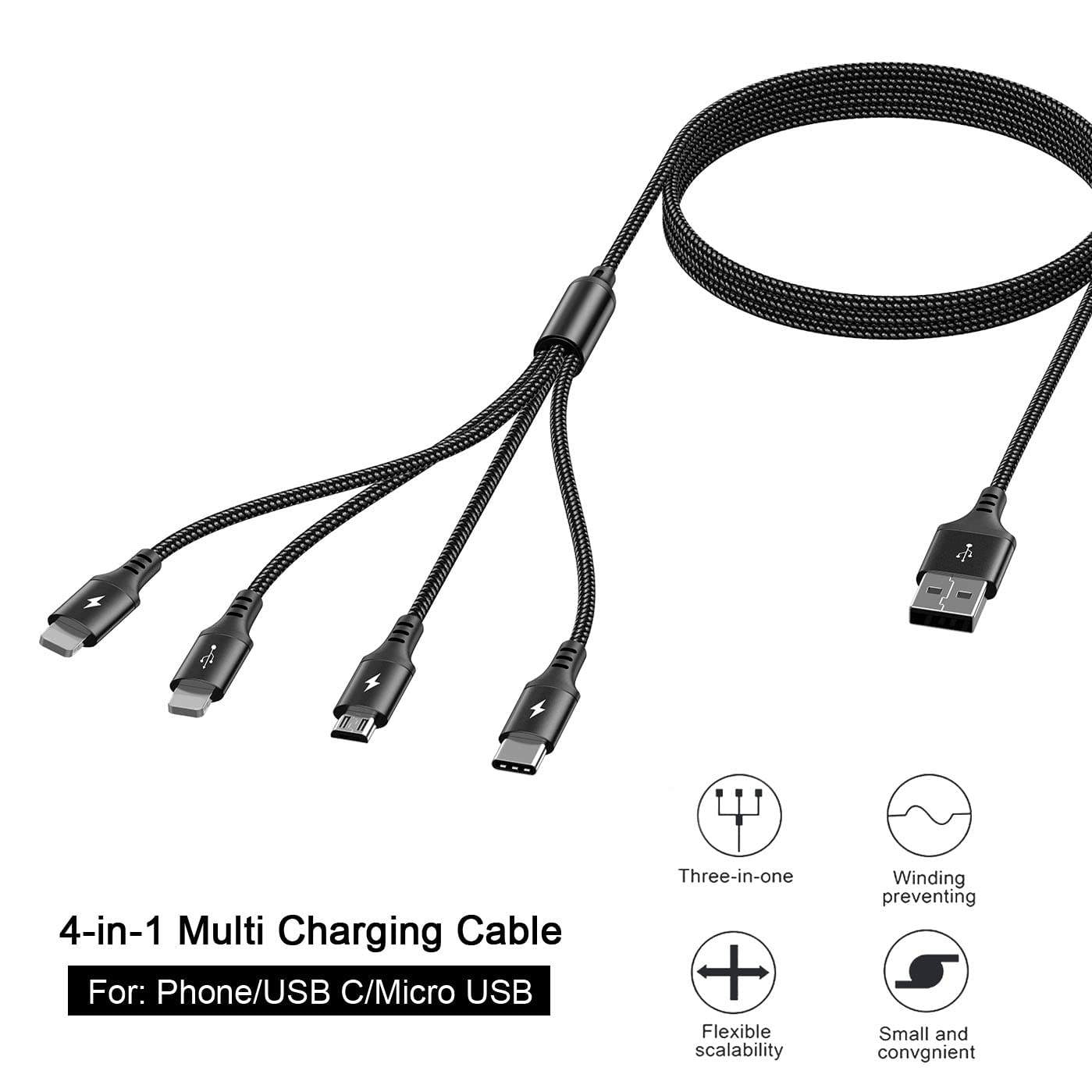 Detalle de UZAHSK Câble Multi USB 4 en 1 universel (noir) — 3 m