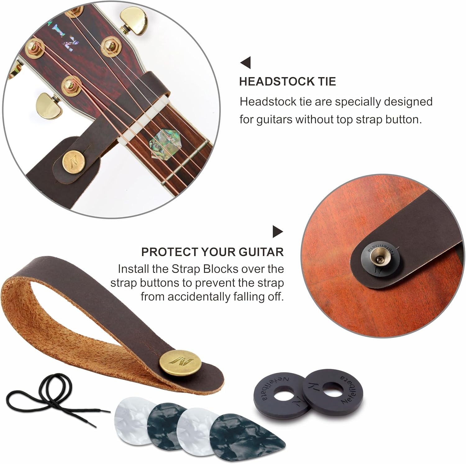 Detalle 2 de Nefelibata Gitarrengurt – bestickter Baumwollgurt mit Rindslederenden, inkl. Plektren und Zubehör für alle Gitarrenarten