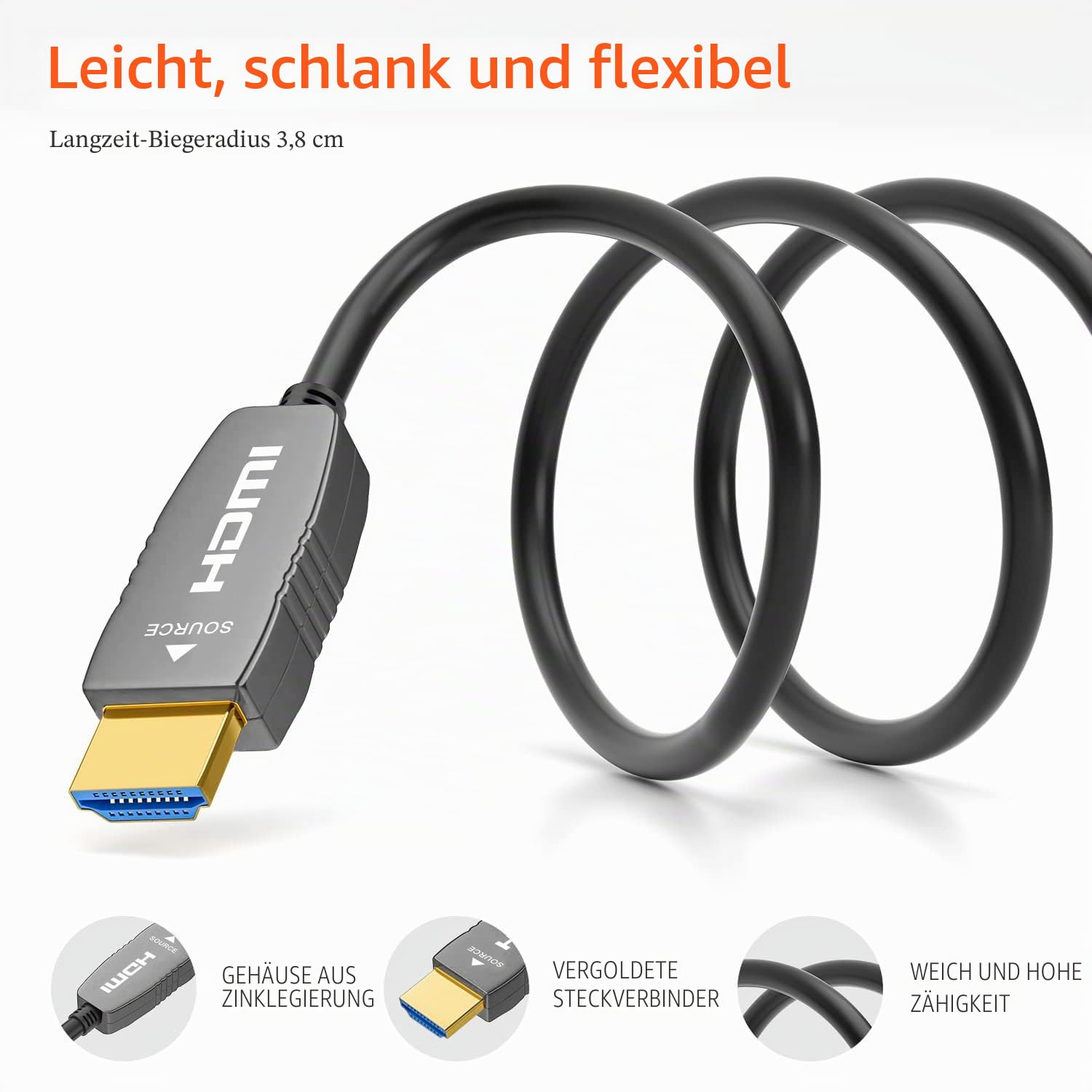 Detalle de RUIPRO 8K HDMI Glasfaserkabel 15 m – HDMI 2.1, 48 Gbit/s, 8K@60Hz/4K@120Hz, eARC, HDCP 2.2/2.3