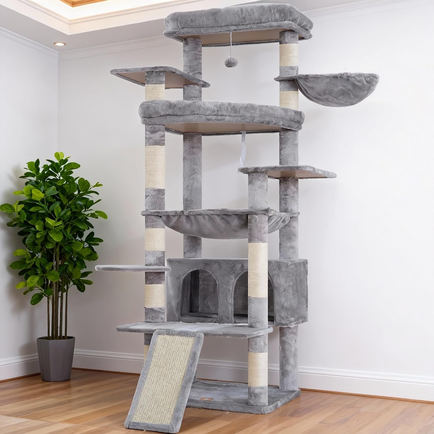 Heybly Kratzbaum 202 cm – Großes Modell mit 2 extragroßen Kuschelplattformen, Stauraum-Höhle, Sisalstamm und Hängematte
