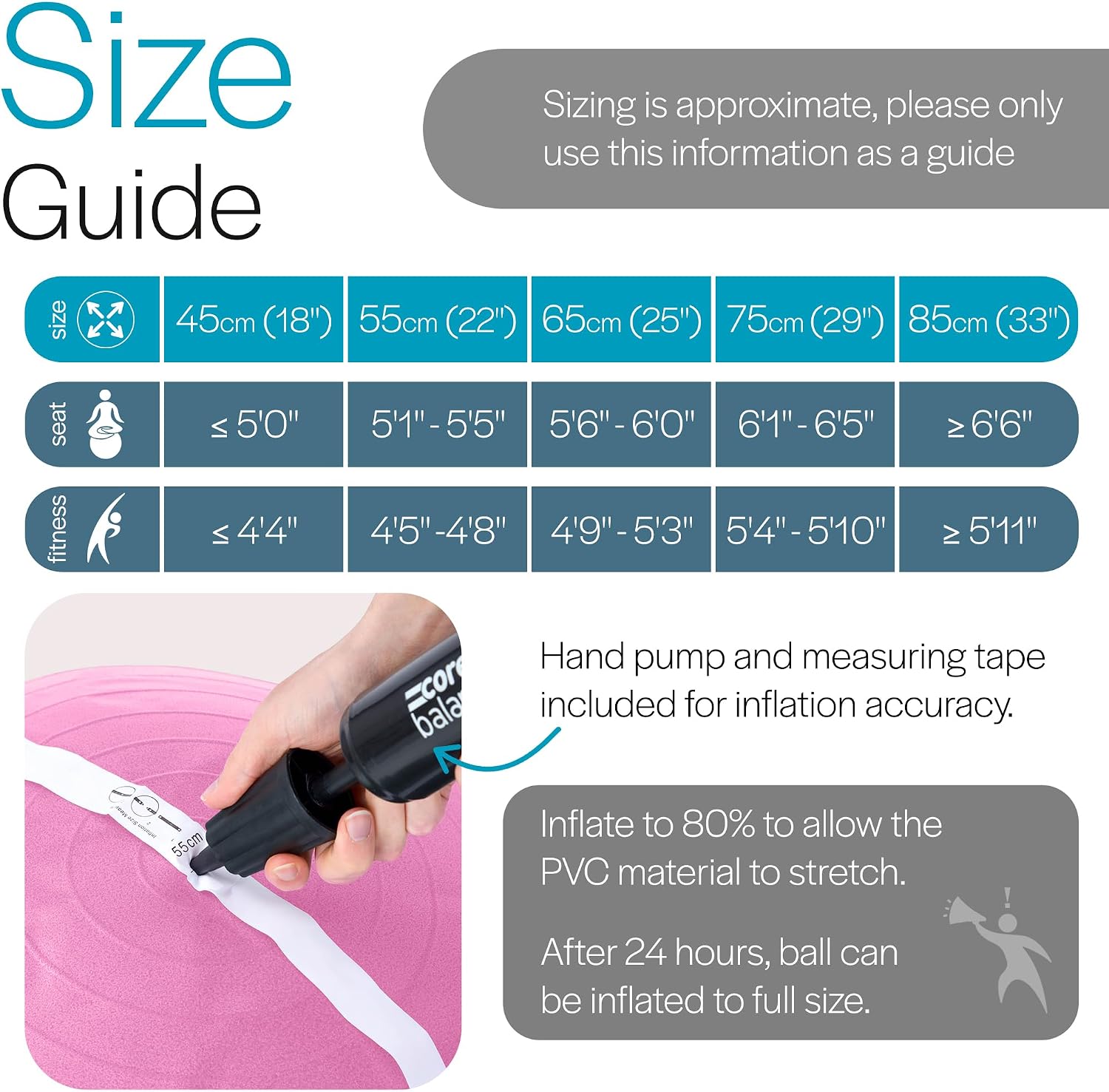 Detalle de Core Balance HU-XI-15 Exercise Ball, Anti-Burst PVC, Pump and Tape Measure