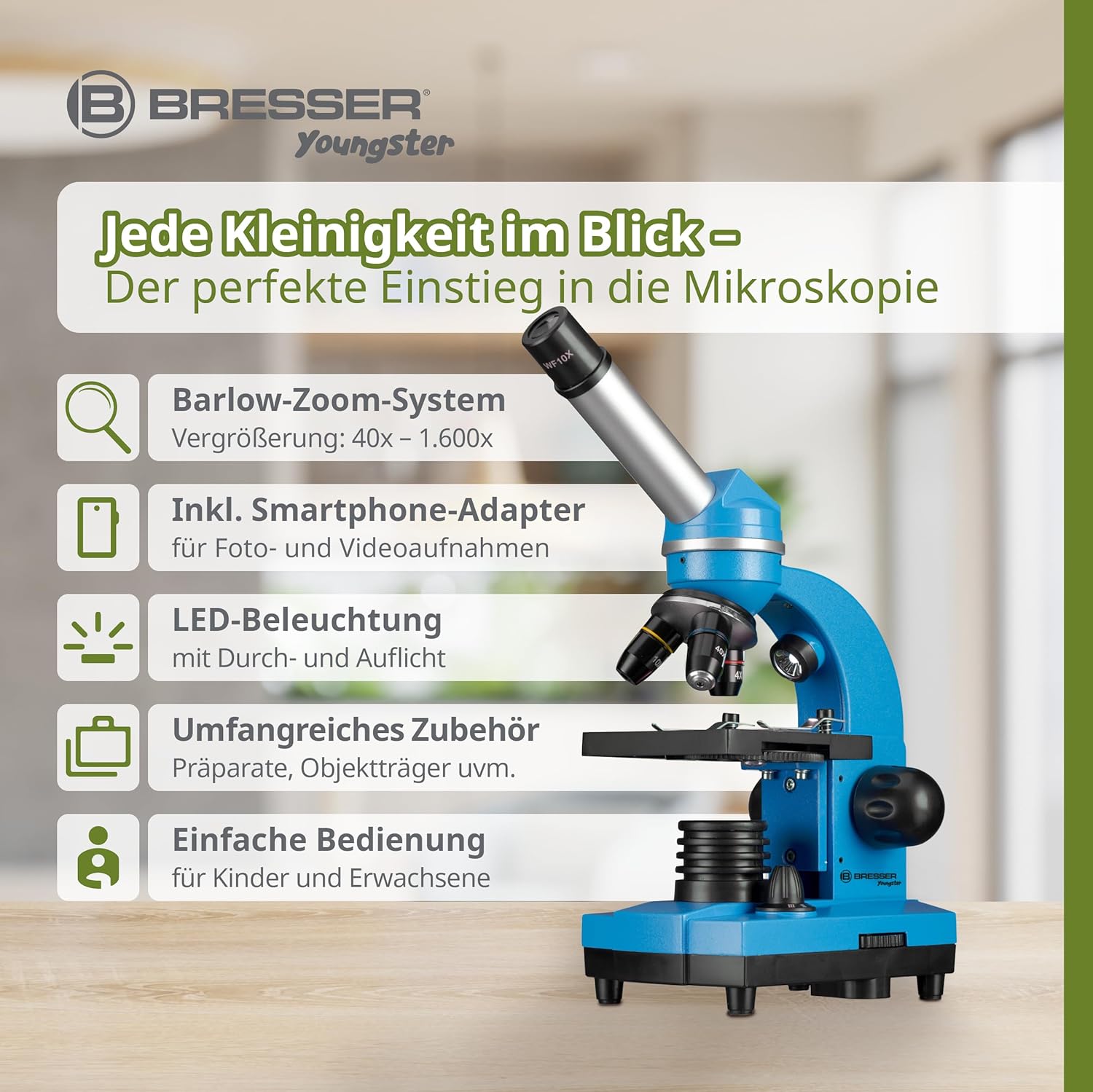 Detalle de Bresser Junior BIOLUX: Schülermikroskop mit Smartphonehalter – Einsteiger‑Set mit umfangreichem Zubehör
