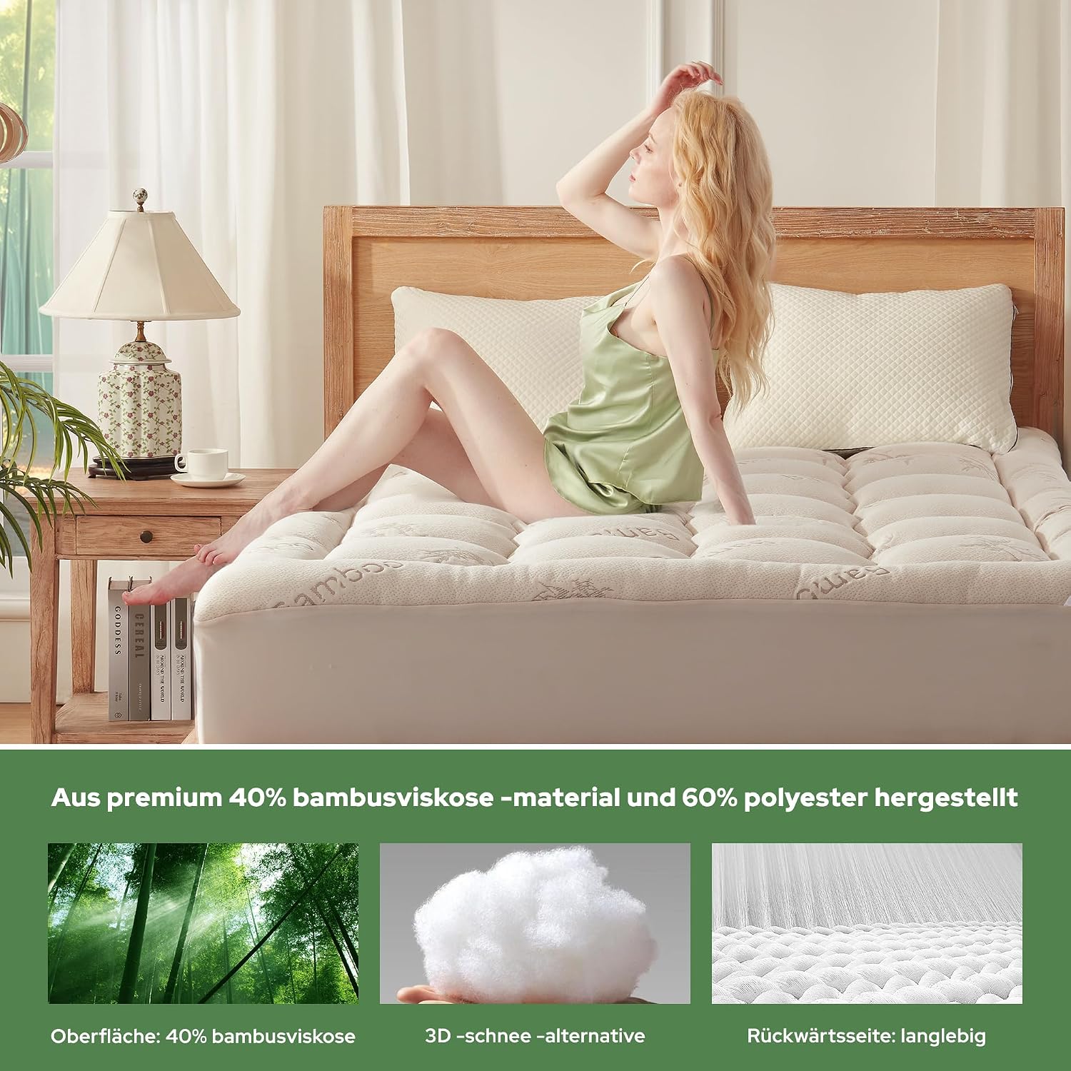 Detalle de BEDLORE Matratzentopper 160x200 cm aus Bambusfaser-Viskose – Beigefarbene Auflage mit tiefen Taschen