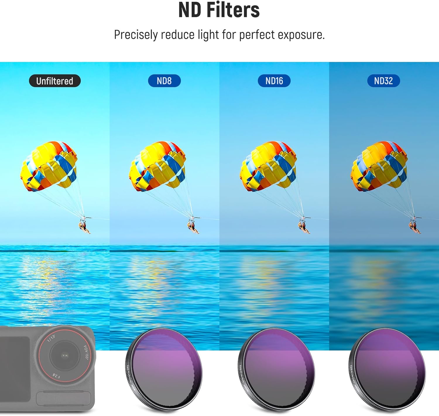 Thumbnail 4 de NEEWER Snap On ND Filter Set (ND8, ND16, ND32 + CPL) for DJI Osmo Action 3/4/5 Pro