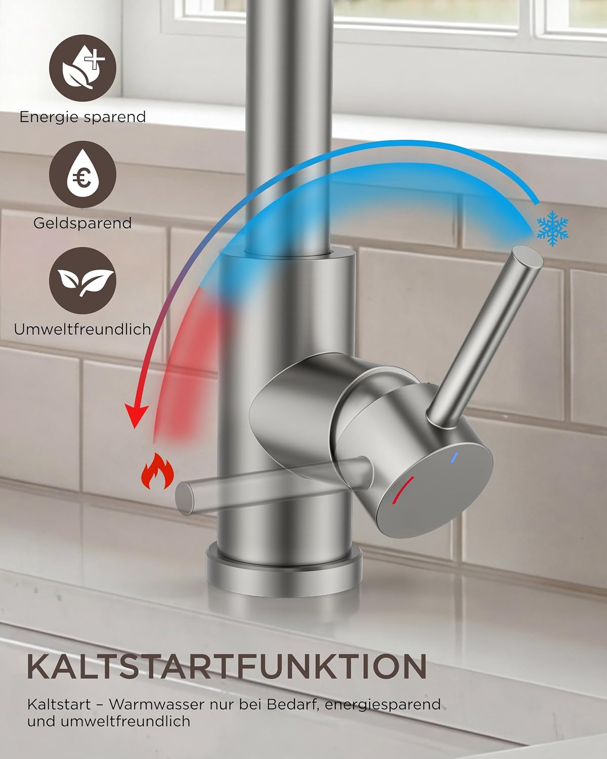 Detalle de FORIOUS Küchenarmatur Niederdruck mit herausziehbarer Brause – Edelstahl 304, 360° Schwenkbar, 3 Anschlüsse, ABS Sprühkopf, G3/8
