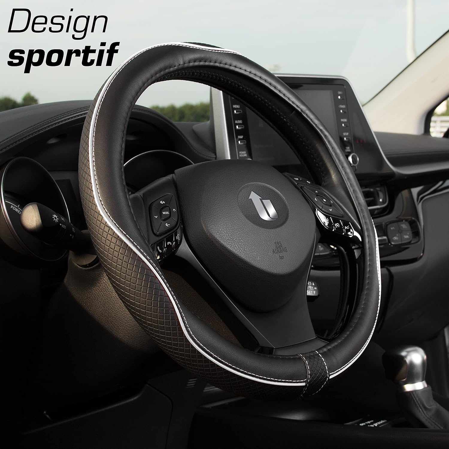 Thumbnail 1 de Upgrade4cars Couvre Volant Universel 37-38 cm – Simili Cuir Noir/Blanc, Antidérapant