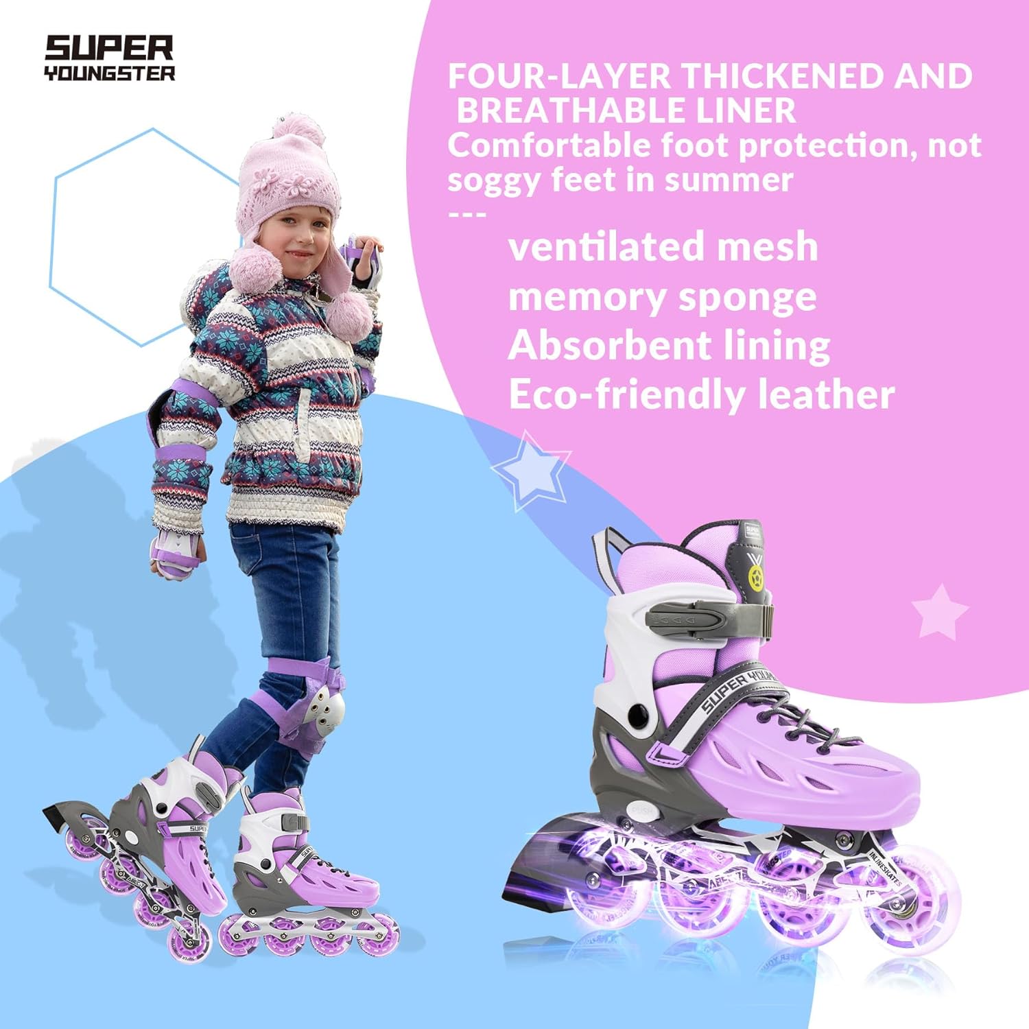 Detalle de SUPER YOUNGSTER Adjustable Inline Skates for Kids 4-12 with Light-Up Wheels