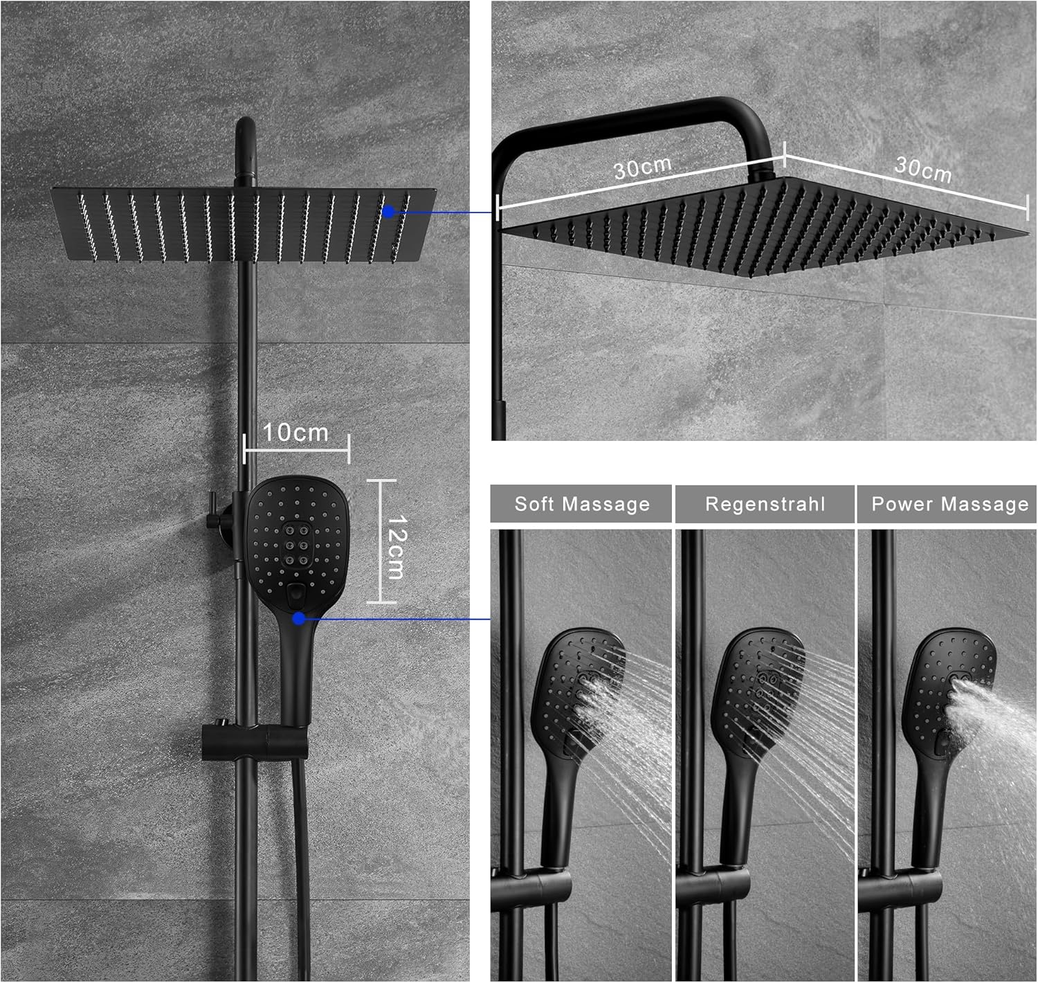 Detalle de JOHO Colonna Doccia Acciaio Inox con Fori a Muro, Set Doccia a Pioggia e Doccetta – 30x30 cm, Nero