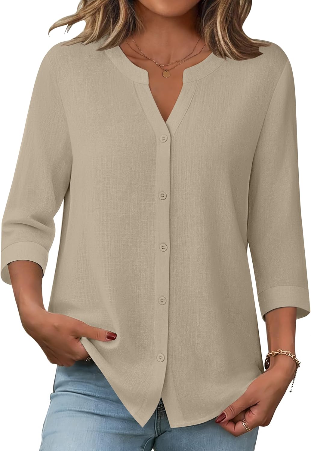 Thumbnail 6 de Zeagoo Button Down Linen-Cotton 3/4 Sleeve Tops for Women