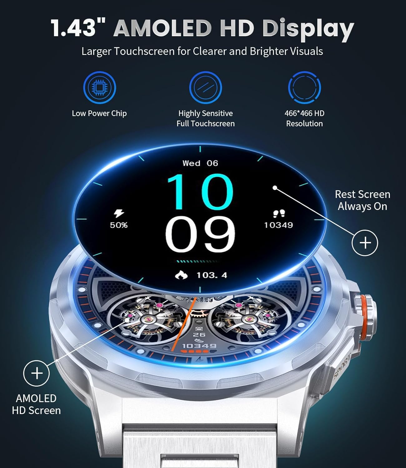 Thumbnail 3 de Montre connectée homme Militaire avec écran AMOLED 1,43", Bluetooth, étanchéité IP68 et suivi cardio/sommeil