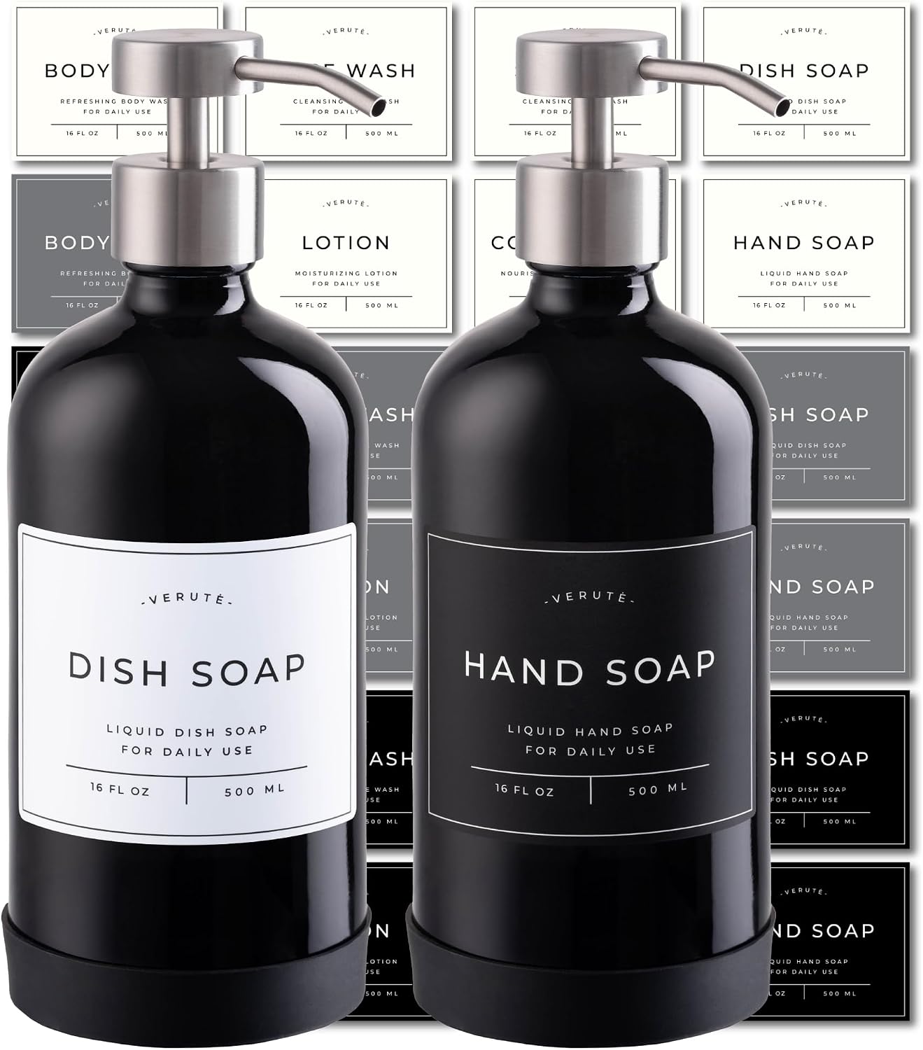 Detalle de Verute BLGL16SS2 Glass Soap Dispenser Set, Gloss Black with Steel Pumps