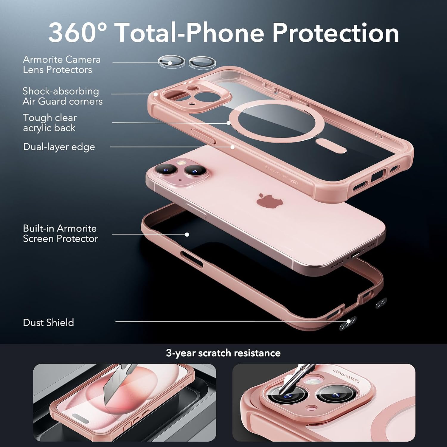 Thumbnail 1 de ESR Armor Series iPhone 15 Case with MagSafe + Built-in 9H+ Screen Protector (Clear Pink)