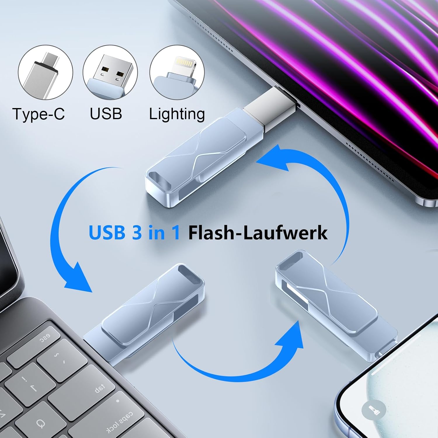 Detalle de USB-Stick für iPhone 512GB – MFi-zertifiziertes Lightning 3-in-1 Speichermedium
