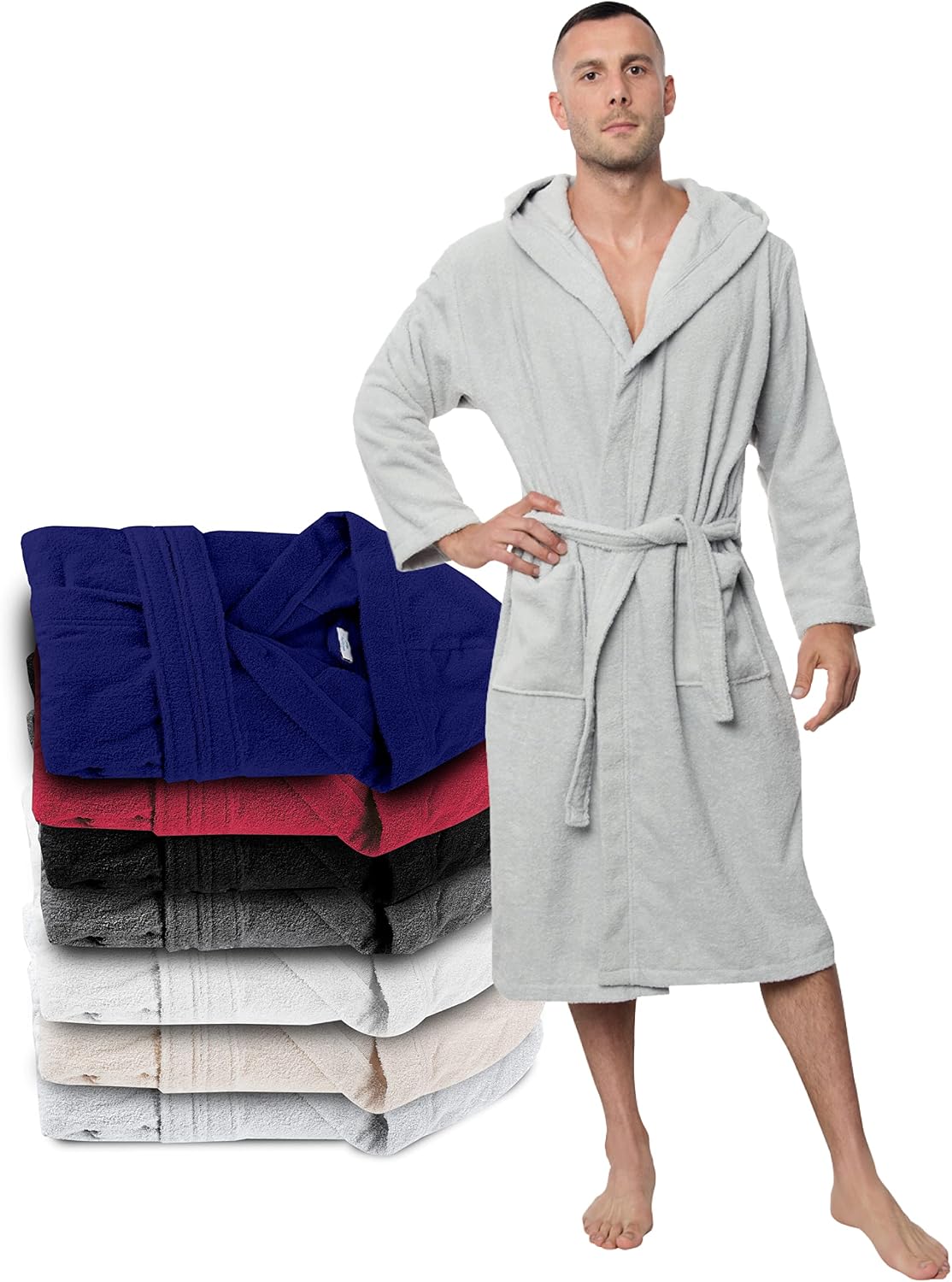 Detalle de Twinzen Herren-Bademantel aus 100% Baumwolle (350 g/m²), mit Kapuze und Gürtel