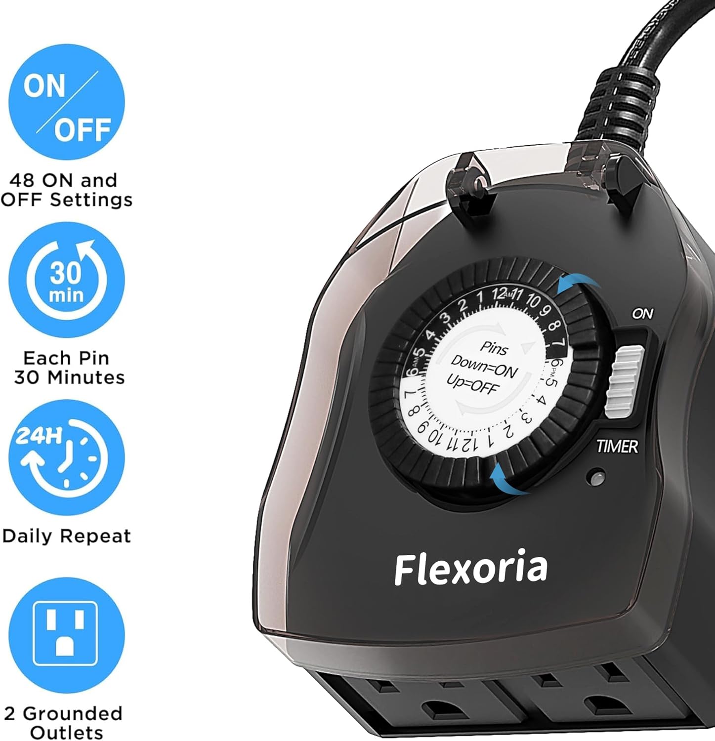 Detalle de Flexoria Outdoor Timer Outlet Waterproof: 24-Hour Mechanical Plug-In Timer with 2 Grounded Outlets
