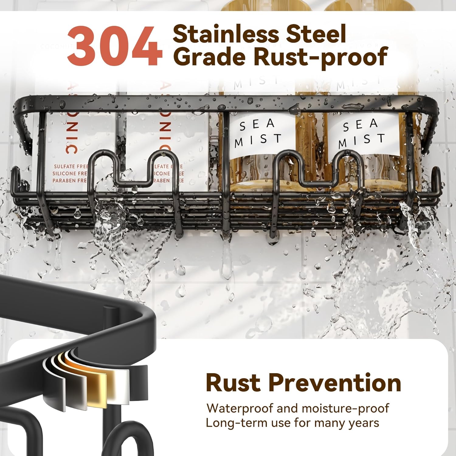 Detalle 2 de YASONIC Shower Caddy Adhesive (2 Pack) – Large Capacity, Rustproof No-Drill Shower Storage