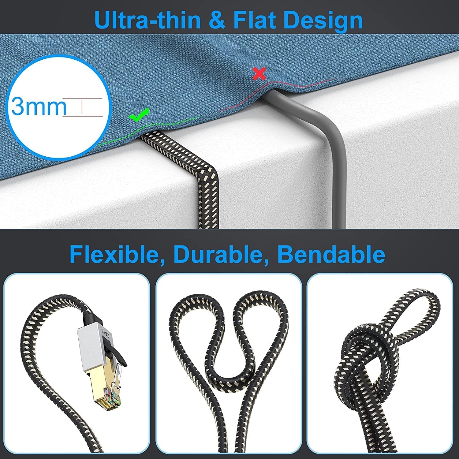 Thumbnail 3 de Folishine Cat8 Ethernet Cable 4m – High-Speed Shielded Flat Patch Cord