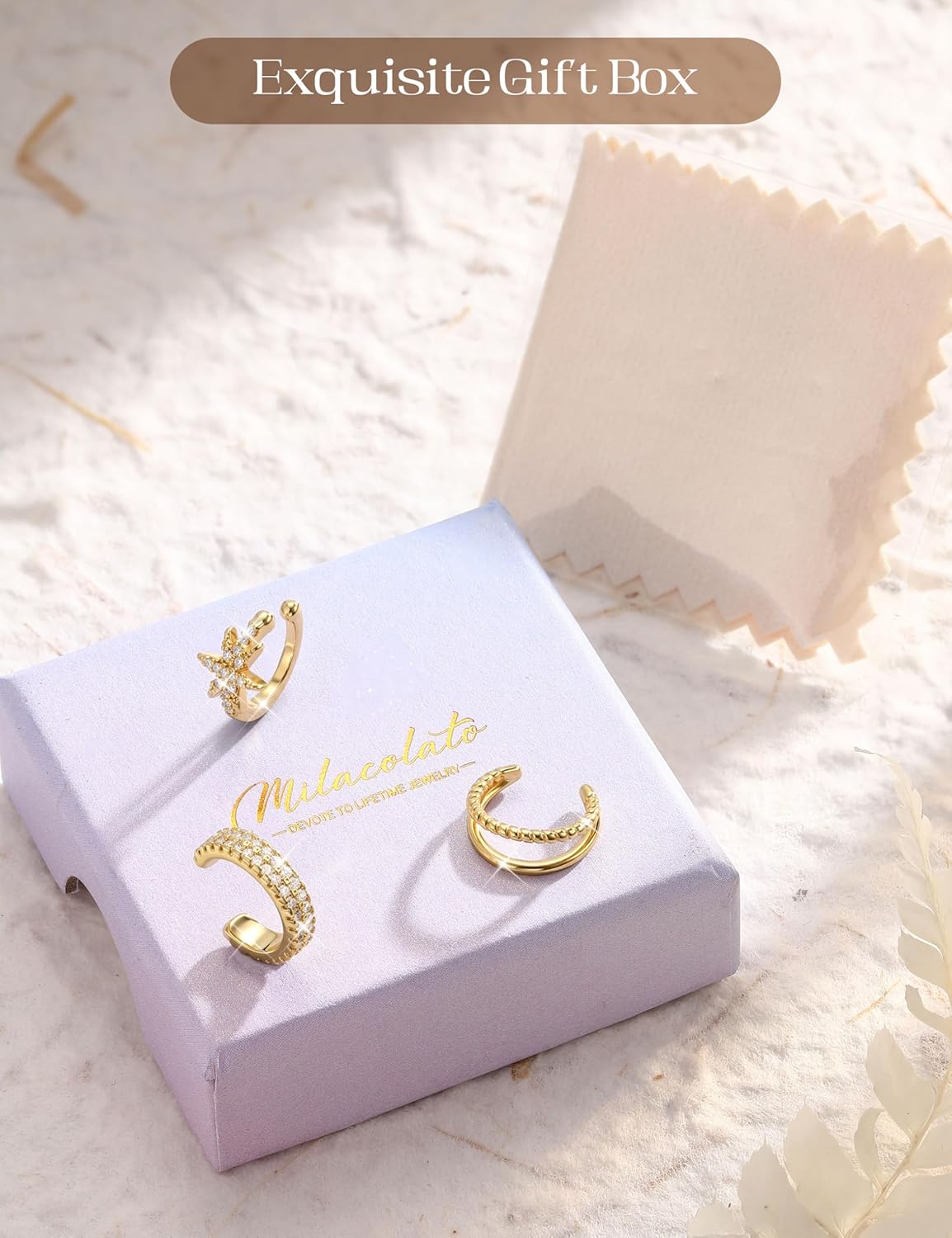 Thumbnail 6 de MILACOLATO 3er-Set Ear Cuffs ohne Ohrloch in Gold/Silber – Fake Piercing Ohrringe mit CZ, verpackt in Geschenkbox