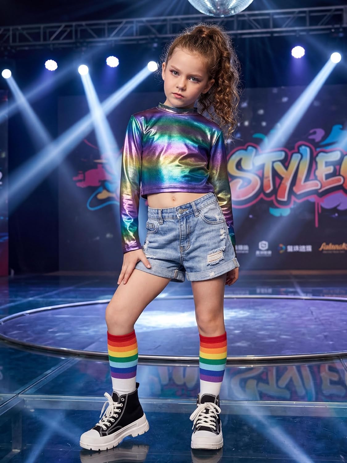Detalle de LOLANTA Metallic Long-Sleeve Cropped Dance Top for Girls, Shiny Mock Neck