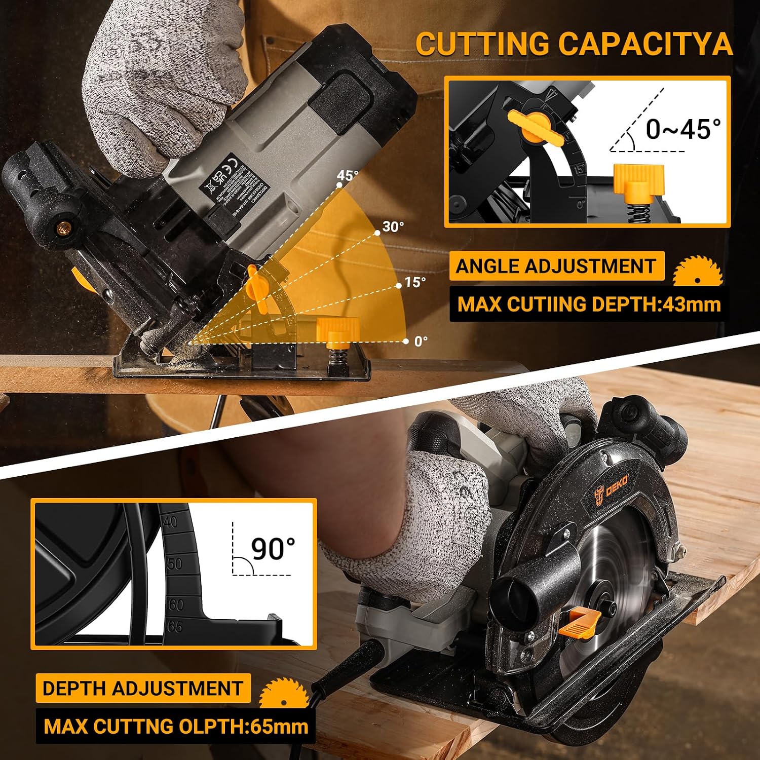 Detalle 2 de DEKOPRO Circular Saw 1400W with Laser Guide – 190mm, 5500 RPM, 65mm/43mm Cut Capacity