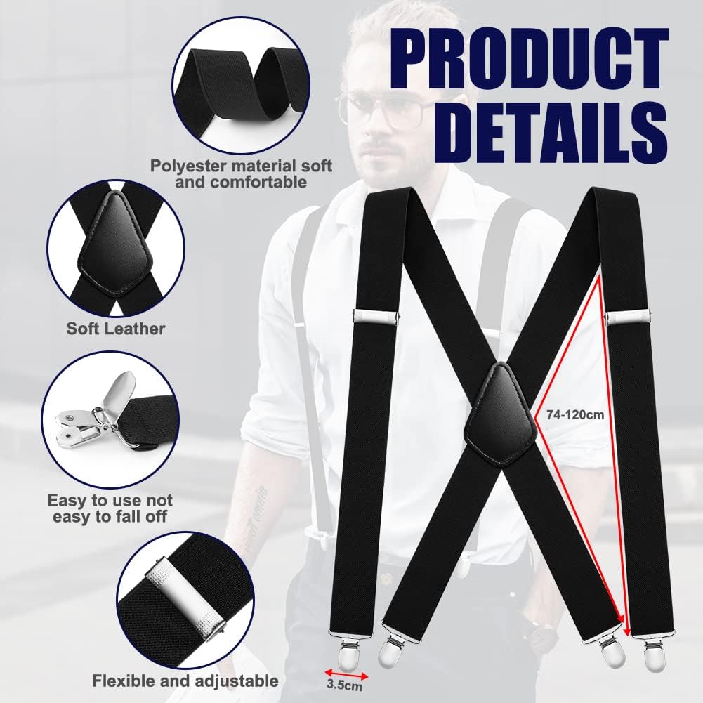 Thumbnail 1 de Aomig Bretelles homme extra larges réglables en X avec 4 clips noirs (3,5 cm)