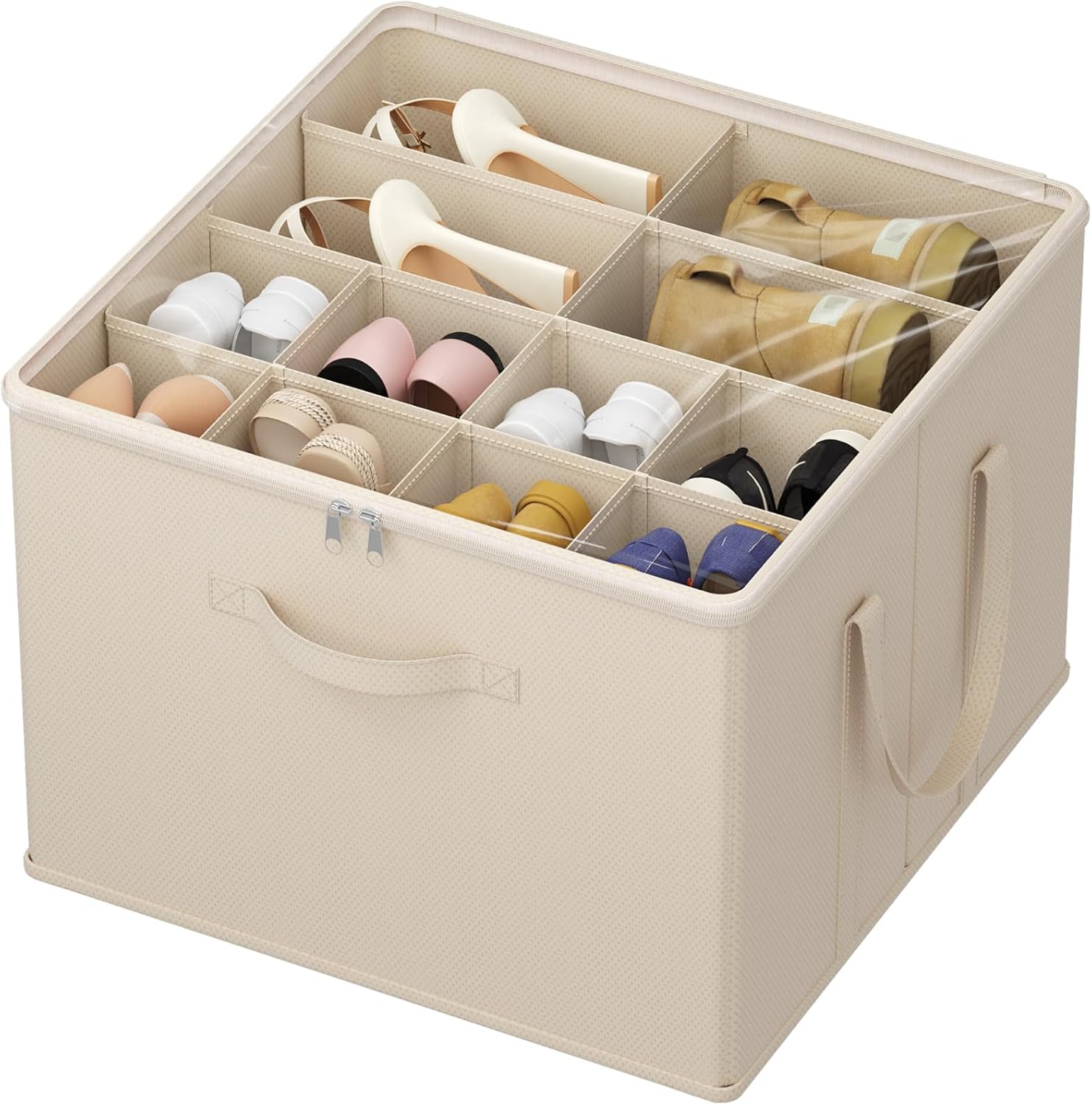 Detalle de Lifewit 24141 Foldable Shoe Organiser, 12 Compartments, Clear PVC Lid, Beige