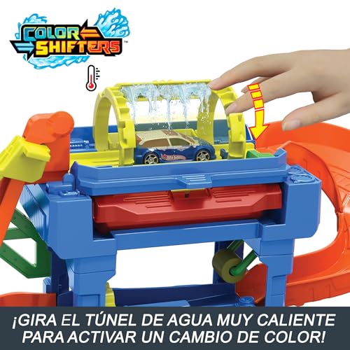 Detalle 2 de Hot Wheels City «Let's Race - ¡a correr!», Túnel de lavado en espiral con Color Shifter y 1 vehículo
