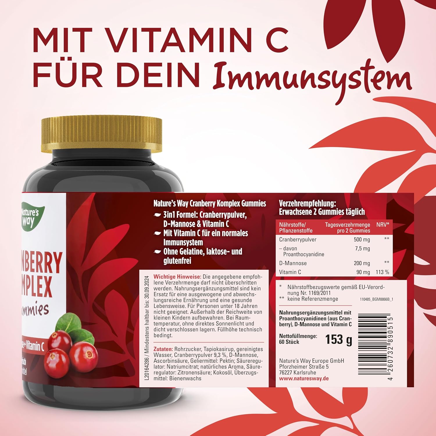 Detalle de Cranberry Gummibärchen 3in1 mit D-Mannose und Vitamin C (60 Stück) – als Alternative zu Cranberrypulver