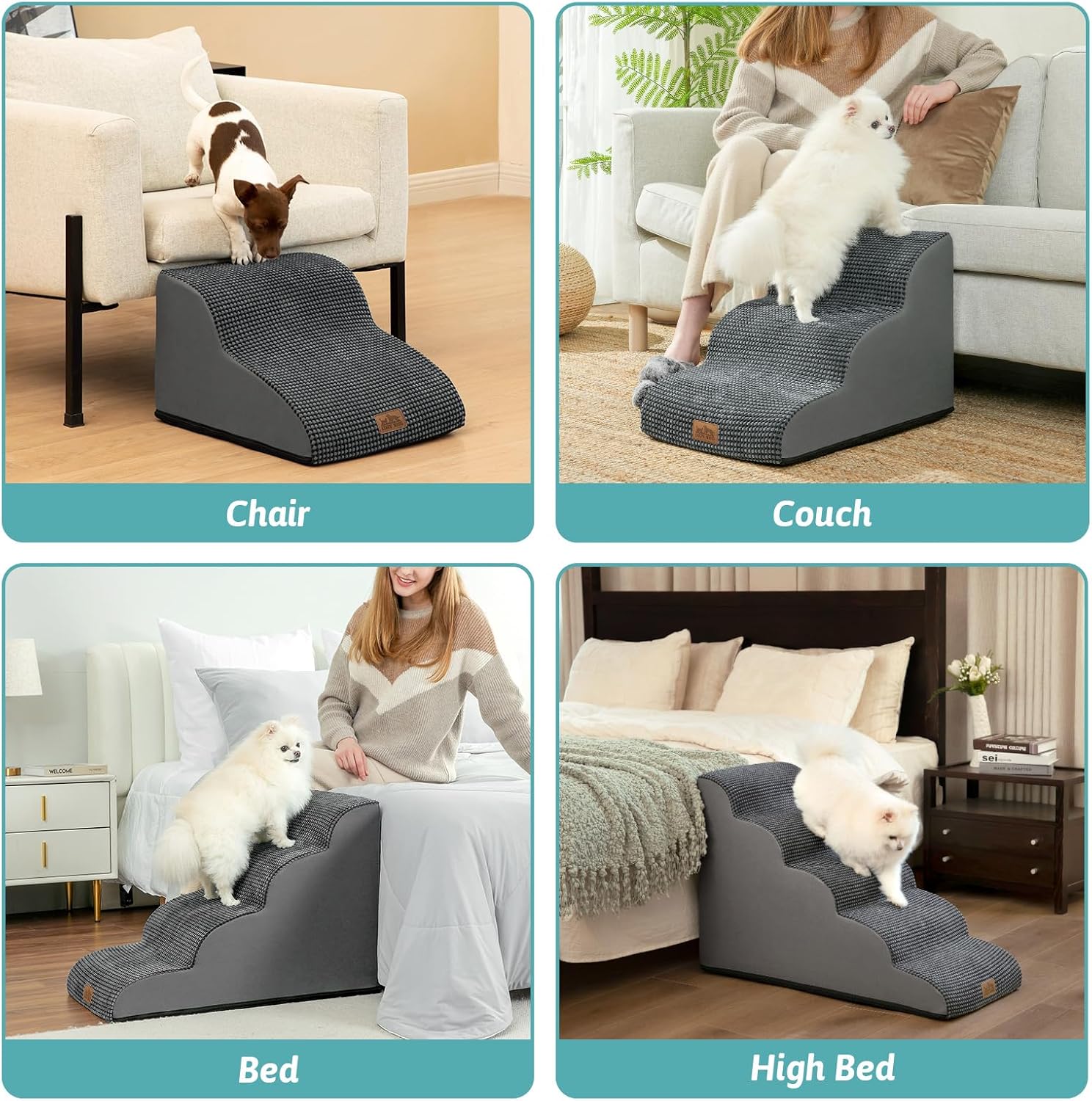 Detalle de COZY KISS Dog Stairs for Small Dogs, 4-Step Curved Ramp with High-Density Foam (19.7" H) – Charcoal Grey