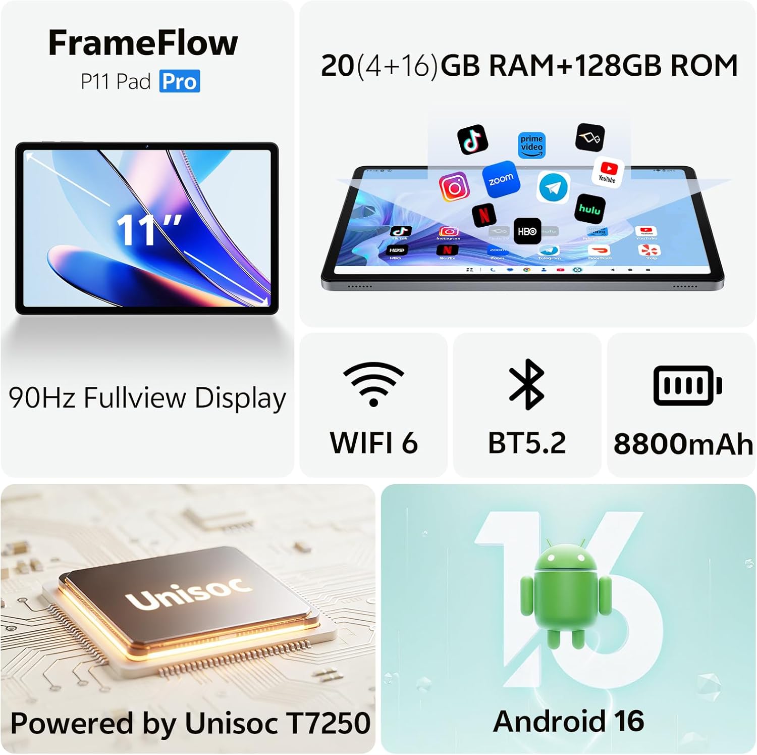 Detalle de Frameflow Tablet 11 inch with Android 16, 20GB RAM, 128GB ROM (Gray)